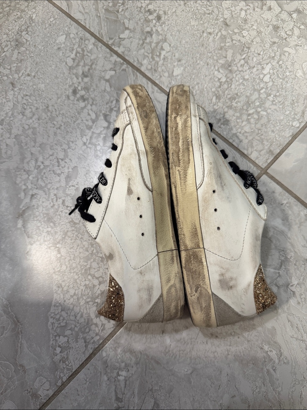 Golden Goose White Leather Sneakers with Silver Star and Gold Glitter Heel - Picture 5 of 7